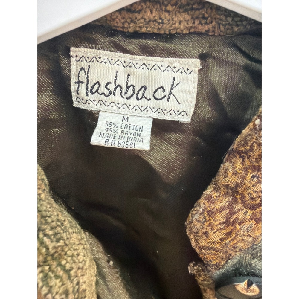 Flashback Vintage Patchwork Jacket Green Brown Cotton Rayon Boho Medium - Picture 2 of 8